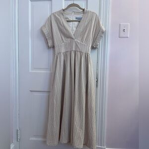 ANTONIO MELANI x Kimberly Whitman Beige and White Striped Midi Dress